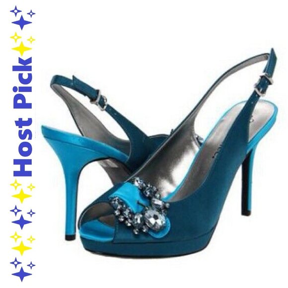 SOLD❗️ New J Renee REGINA Teal & Peacock Jeweled Peeptoe Satin Shoes in Size 8.5 - Picture 15 of 16